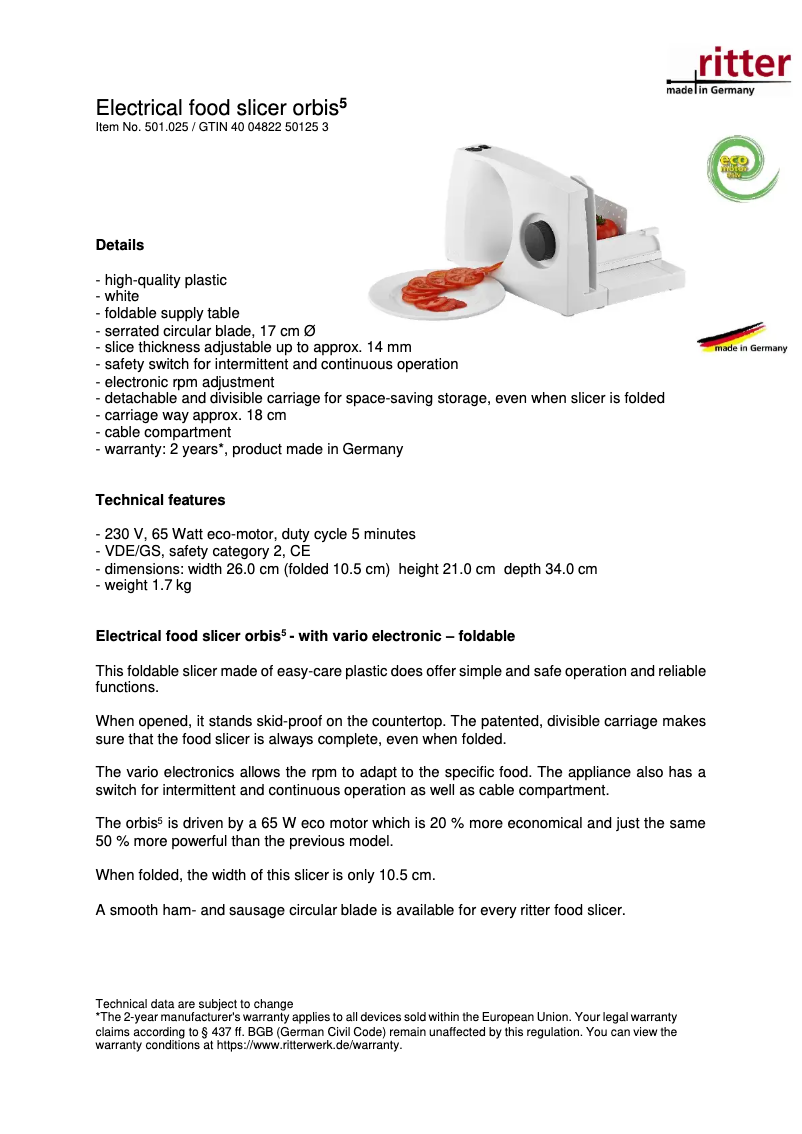 Page 1 de la notice Fiche technique Ritter Orbis 5