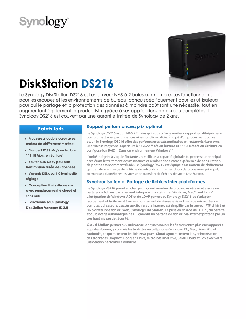 Page n°1 - Fiche technique Synology DiskStation DS216