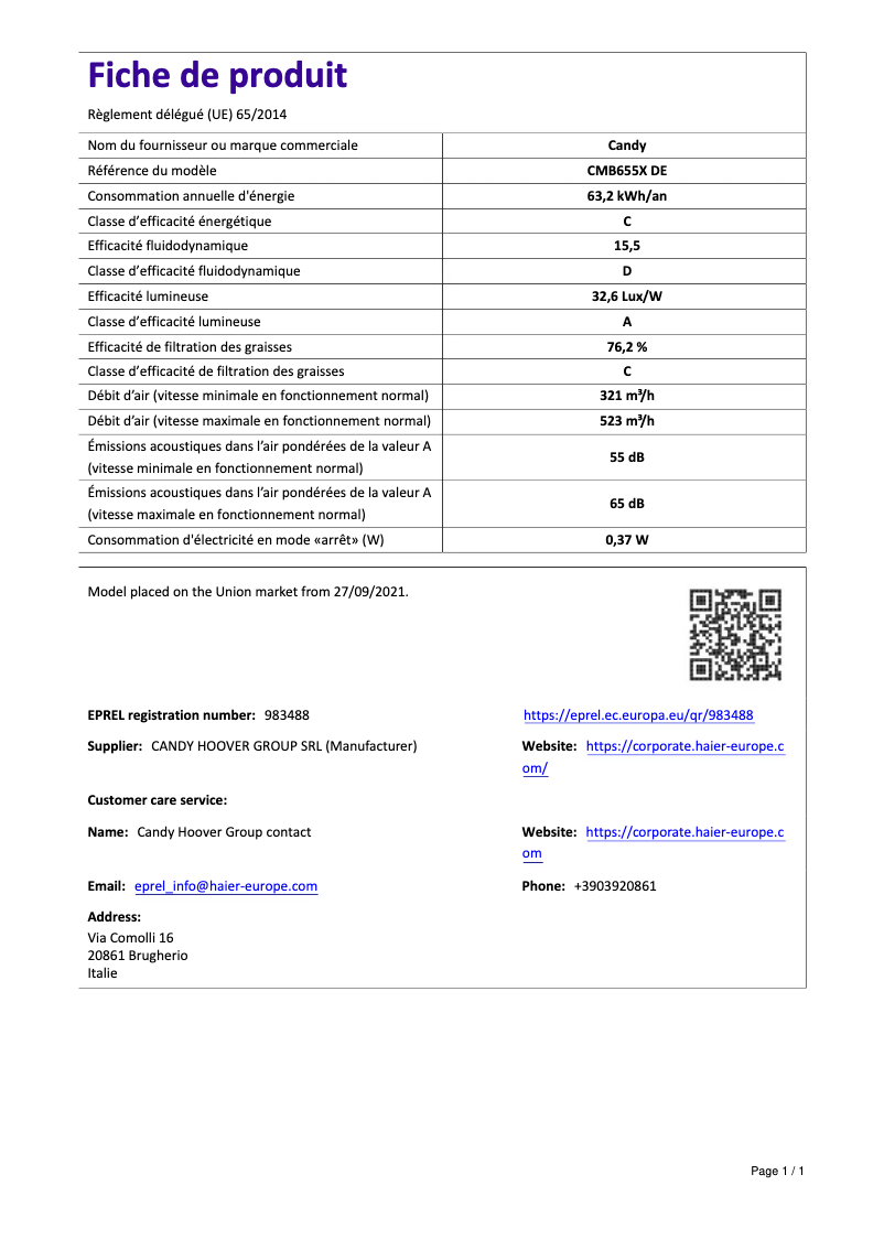 Page 1 de la notice Manuel utilisateur Candy CMB655X DE