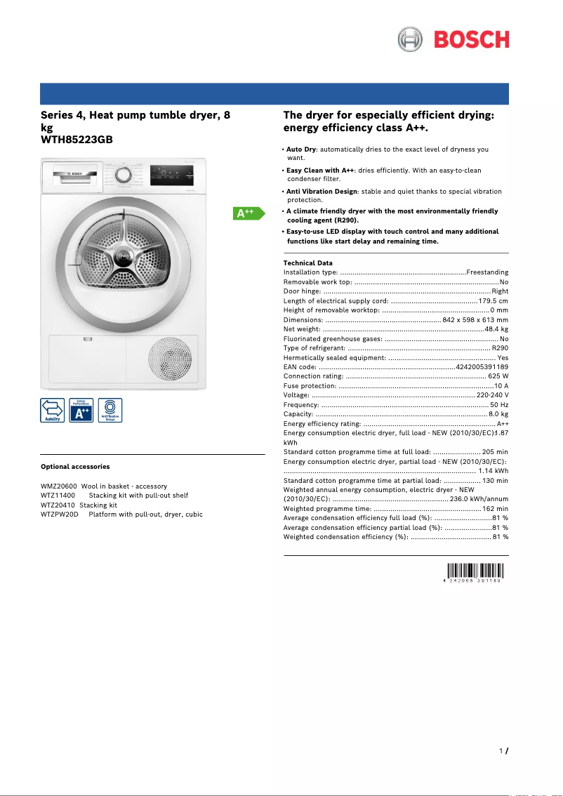 Página 1 del manual Ficha técnica Bosch WTH84001GB