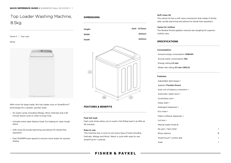Page n°1 - Manuel utilisateur Fisher & Paykel WA8560G1