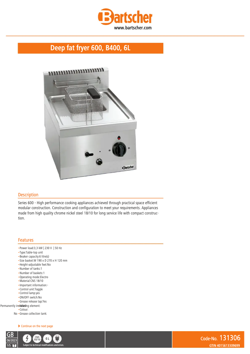 Page 1 de la notice Manuel utilisateur Bartscher 131306