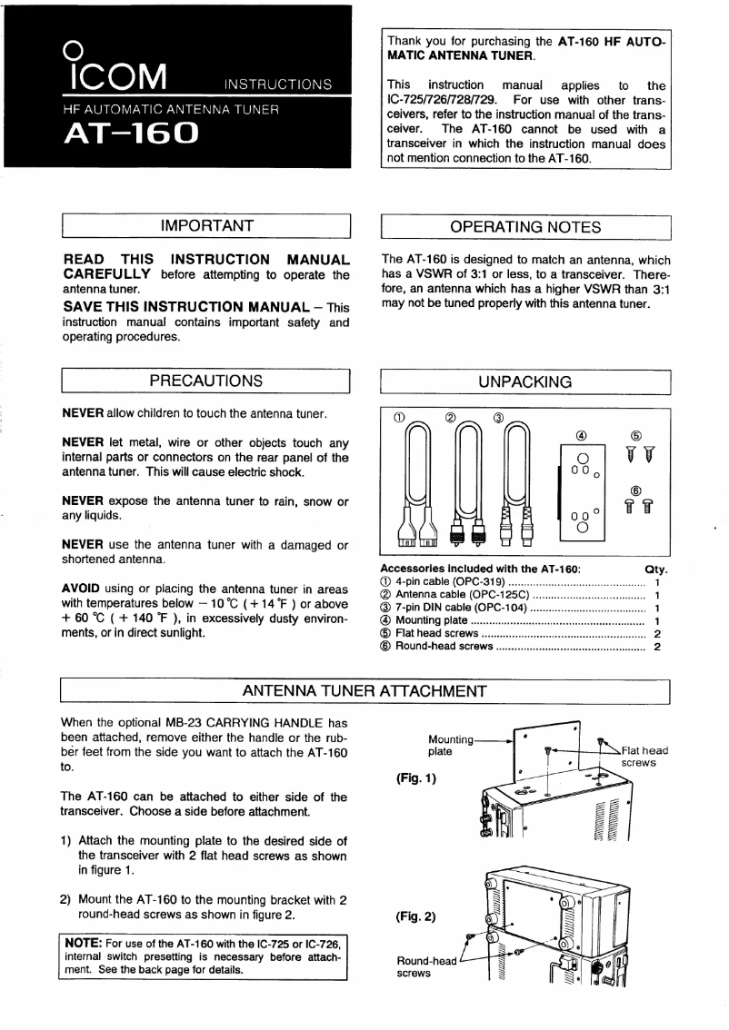 Page n°1 - Manuel utilisateur ICOM AT-160