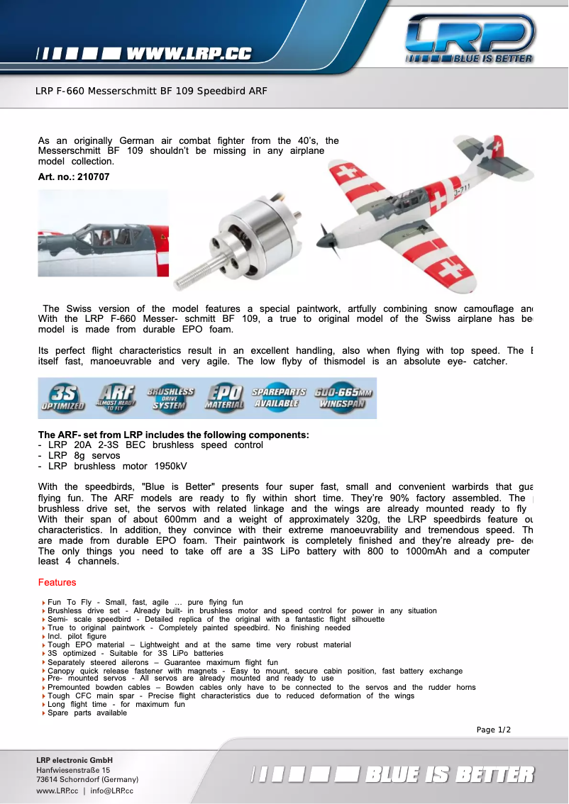 Image de la première page du manuel de l'appareil F-660 Messerschmitt BF 109 Speedbird ARF