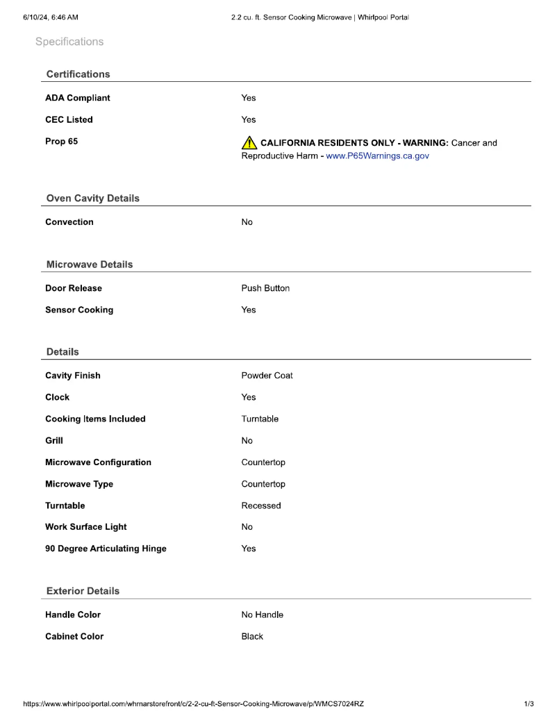 Page 1 de la notice Fiche technique Whirlpool WMCS7024RZ