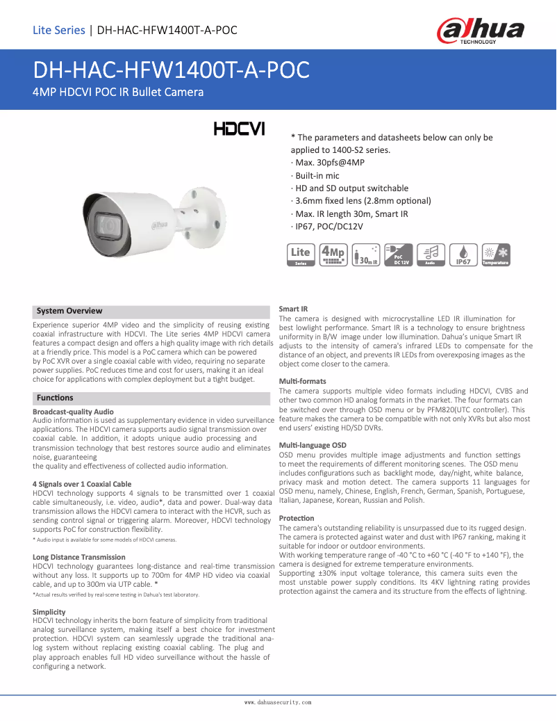 Page 1 de la notice Fiche technique Dahua Technology HAC-HFW1400T-A-POC