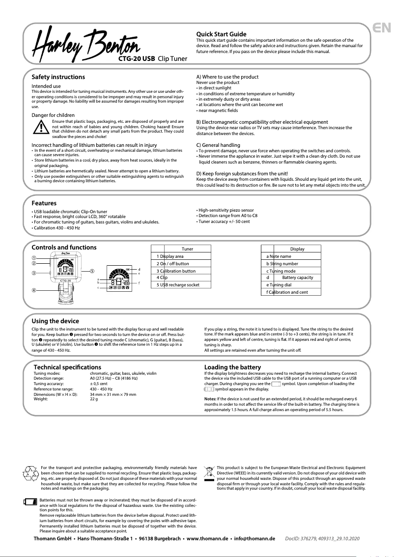 Page 1 de la notice Manuel utilisateur Harley Benton Clip Tuner CTG-20 USB