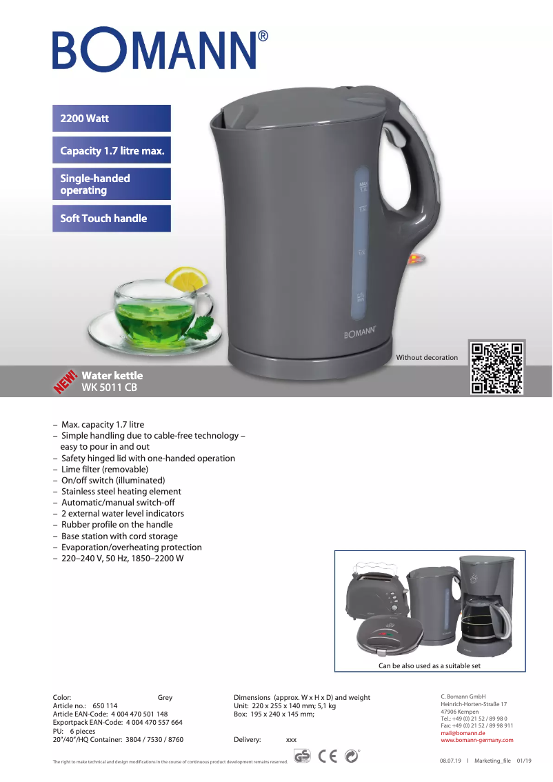 Page 1 de la notice Fiche technique Bomann WK 5011 CB