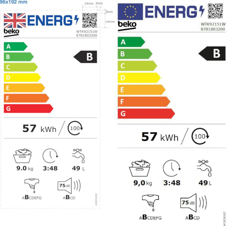Page 1 de la notice Label énergétique Beko WTK92151