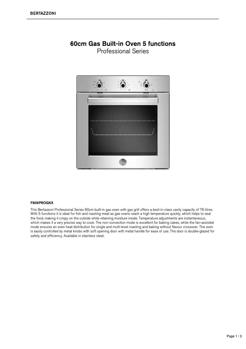 Page 1 de la notice Fiche technique Bertazzoni F605PROGKX