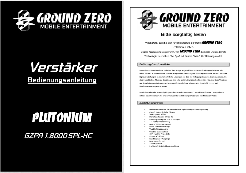 Page 1 de la notice Manuel utilisateur Ground Zero GZPA 1.8000SPL-HC
