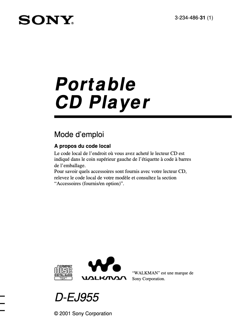 Page 1 de la notice Manuel utilisateur Sony D-EJ955