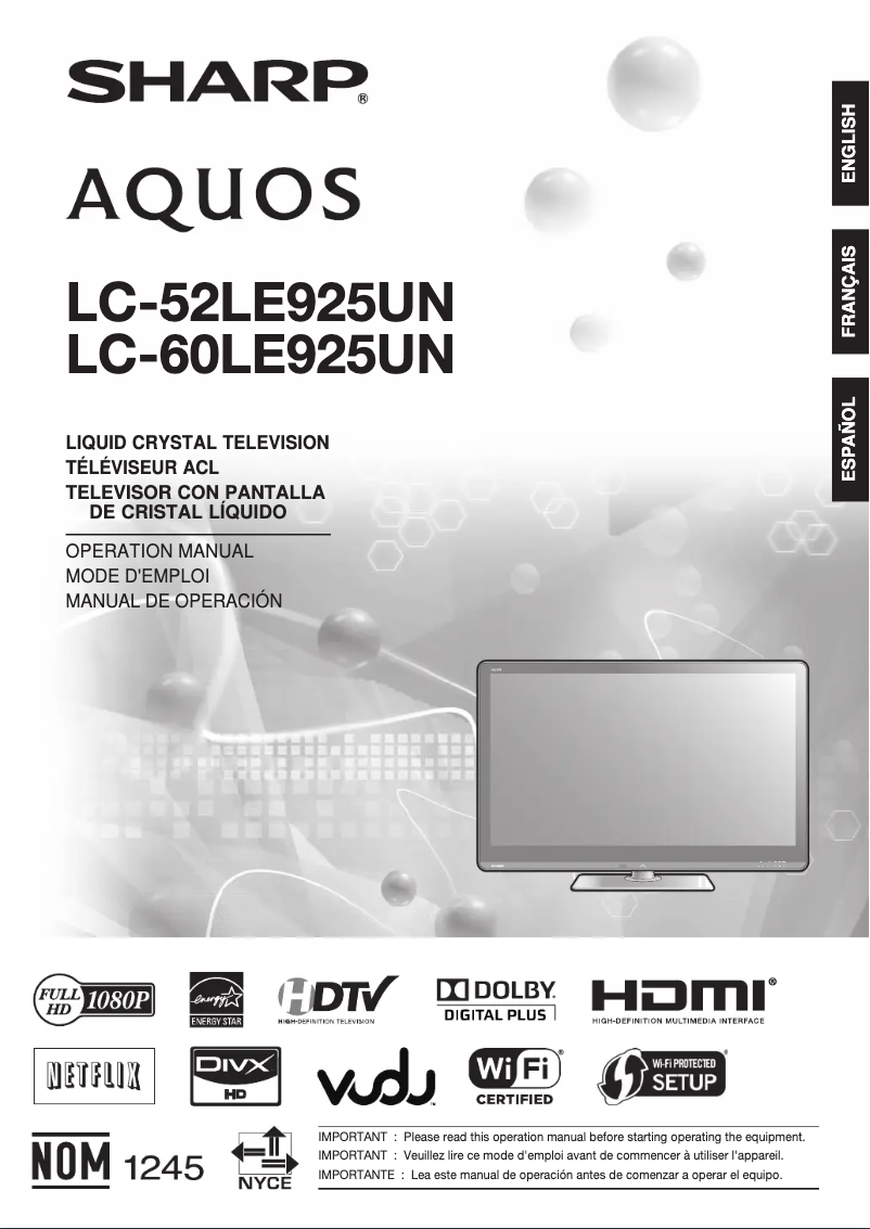 Image de la première page du manuel de l'appareil AQUOS LC-60LE925UN