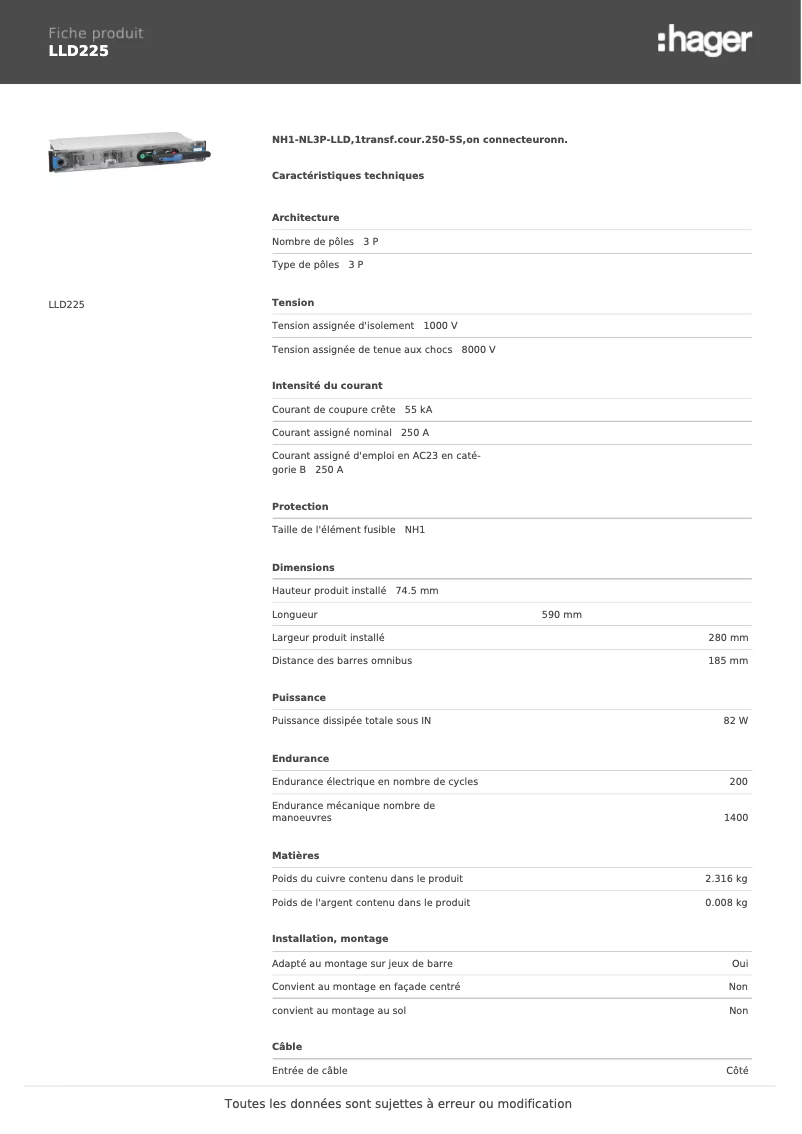 Page 1 de la notice Fiche technique Hager LLD225