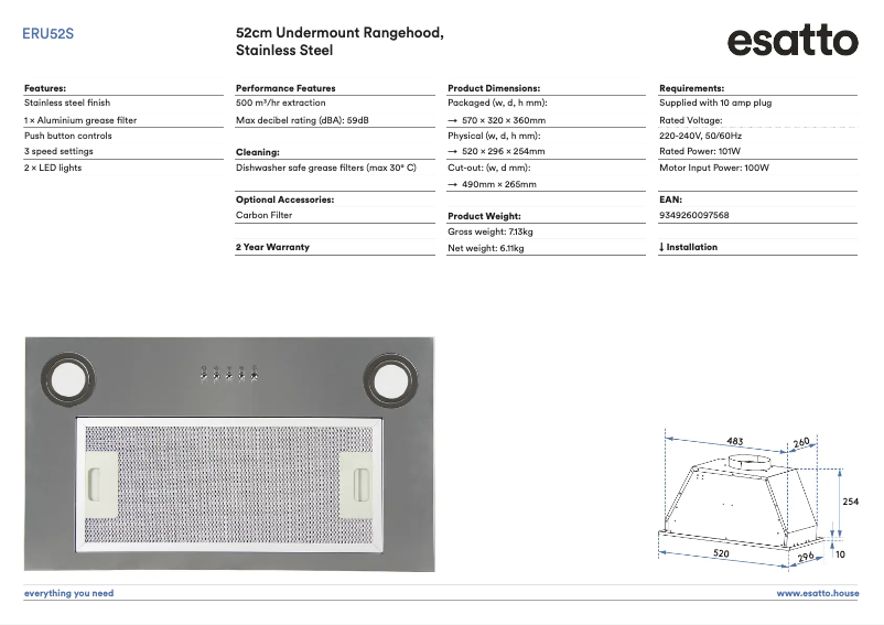 Page 1 de la notice Fiche technique Esatto ERU52S