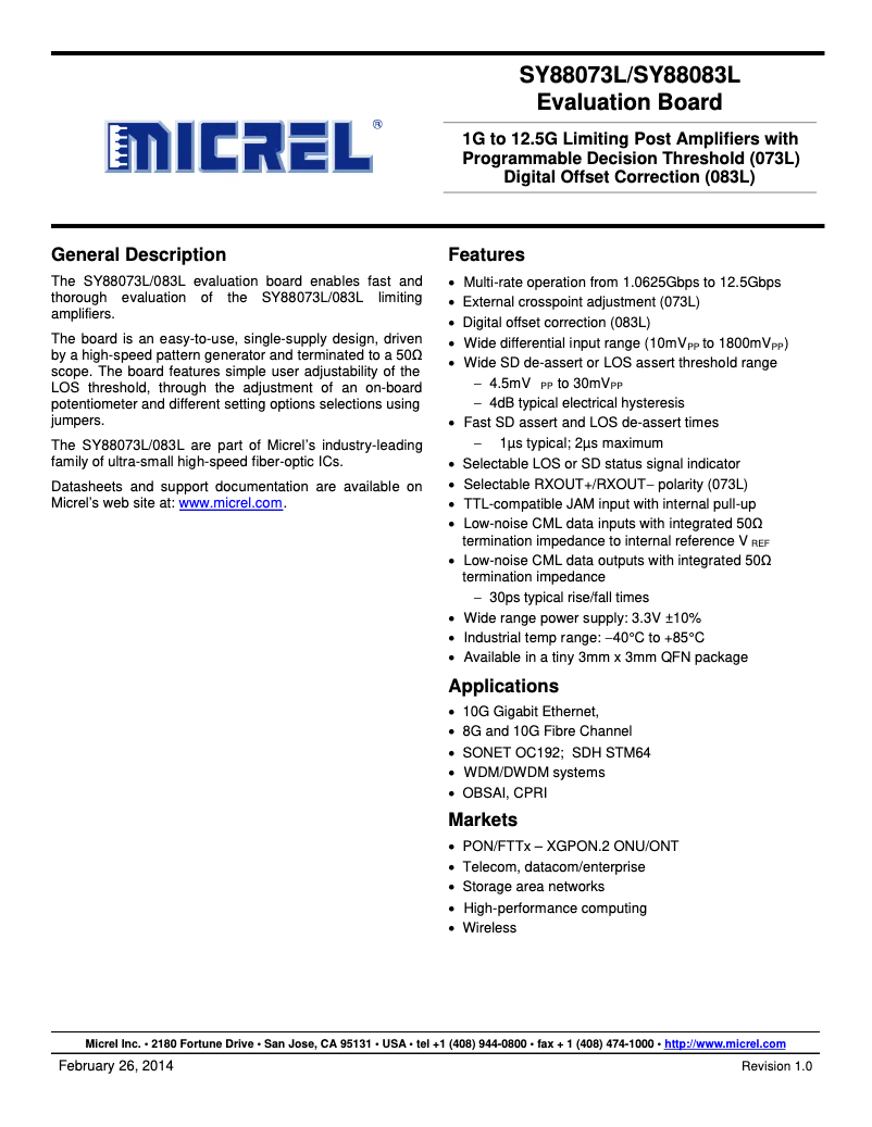 Page 1 de la notice Manuel utilisateur Microchip SY88073L/83L