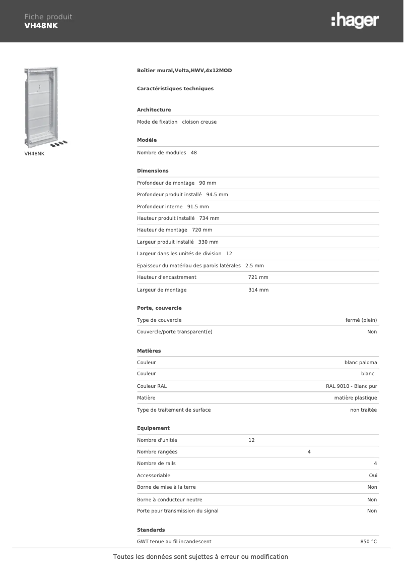 Page n°1 - Fiche technique Hager VH48NK