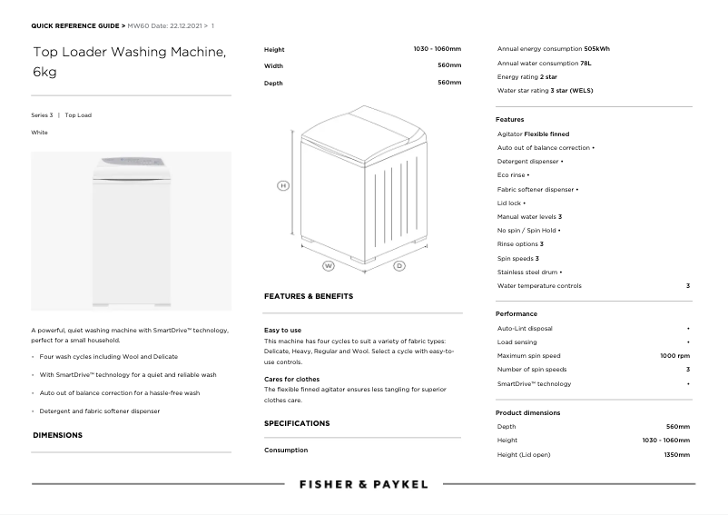 Page 1 de la notice Manuel utilisateur Fisher & Paykel MW60