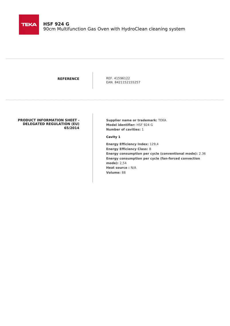 Page 1 de la notice Fiche technique Teka HSF 924 G