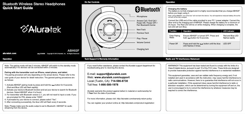 Page 1 de la notice Manuel utilisateur Aluratek ABH02F
