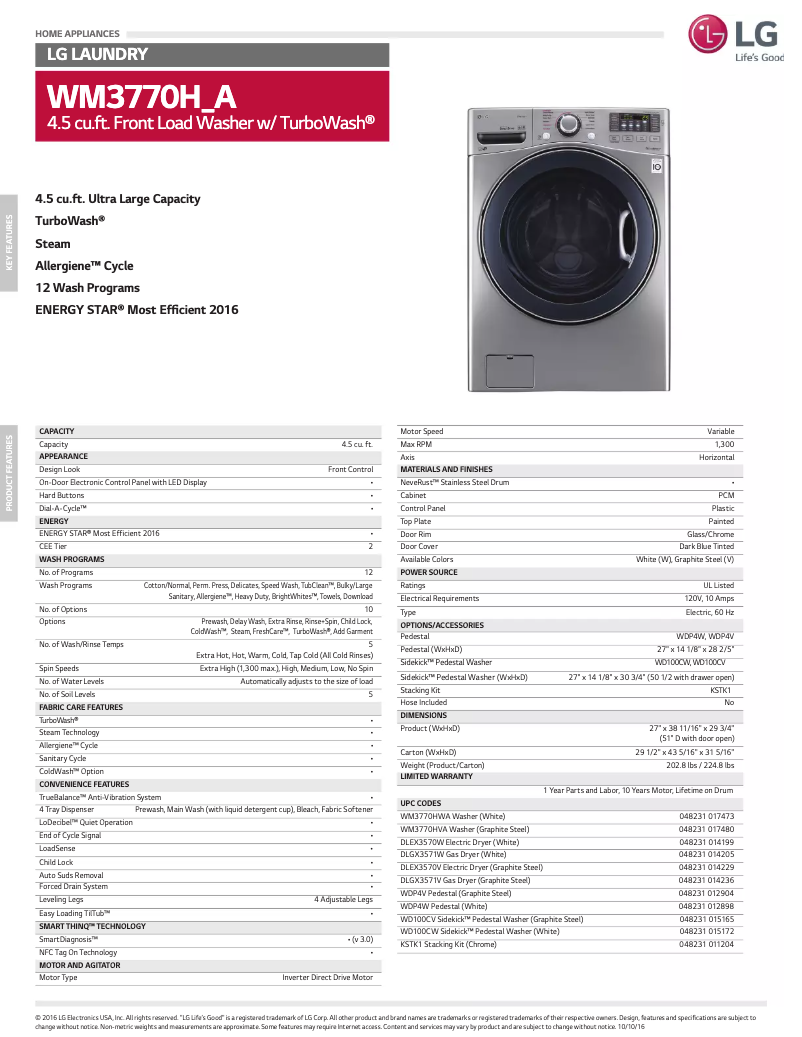 Page n°1 - Fiche technique LG WM3770HA