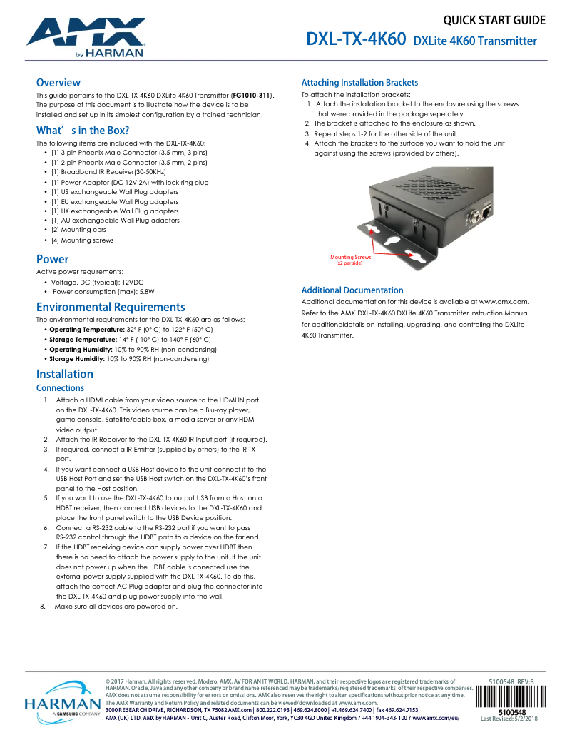 Page 1 de la notice Guide de démarrage rapide AMX DXL-TX-4K60