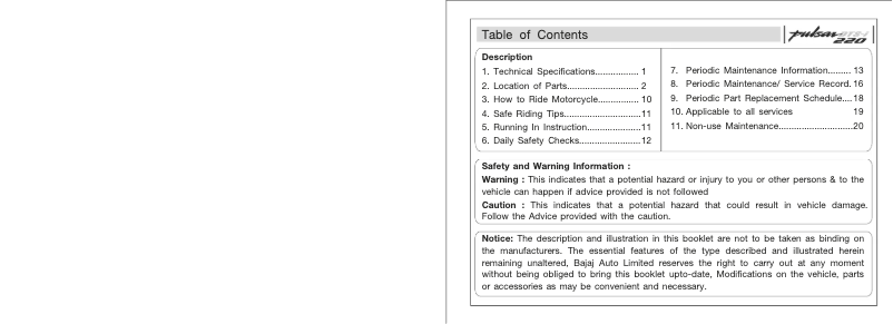 Page 1 de la notice Manuel utilisateur Bajaj Pulsar 220 DTS-i