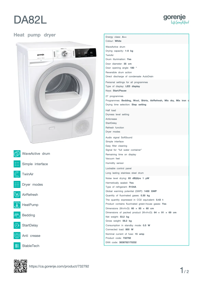 Page 1 de la notice Fiche technique Gorenje DA82L
