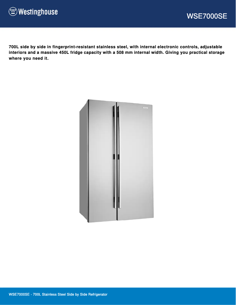 Page 1 de la notice Fiche technique Westinghouse WSE7000SE