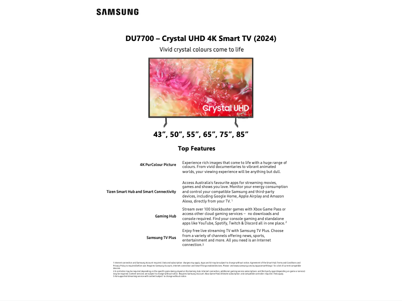 Page 1 de la notice Fiche technique Samsung UA65DU7700W