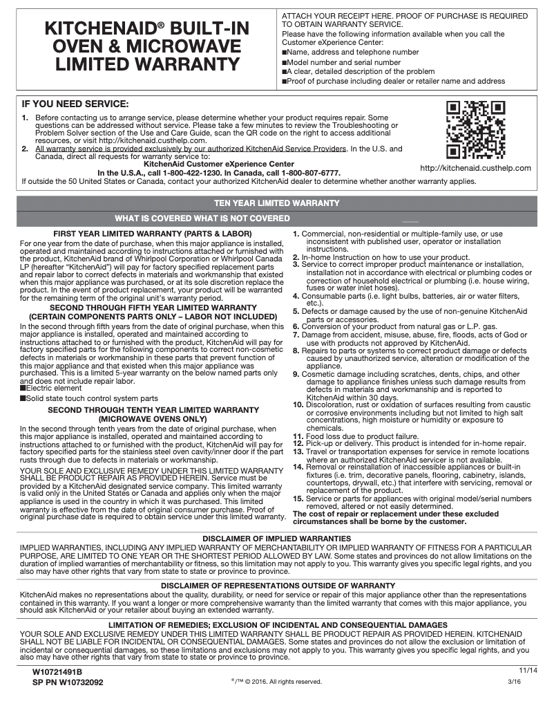 Page 1 de la notice Informations de garantie KitchenAid KMBS104EBL