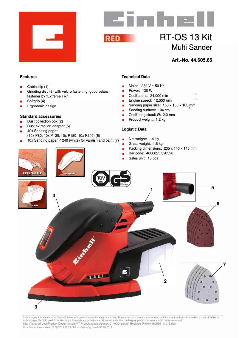 Página 1 del manual Ficha técnica Einhell RT-OS 13 Kit