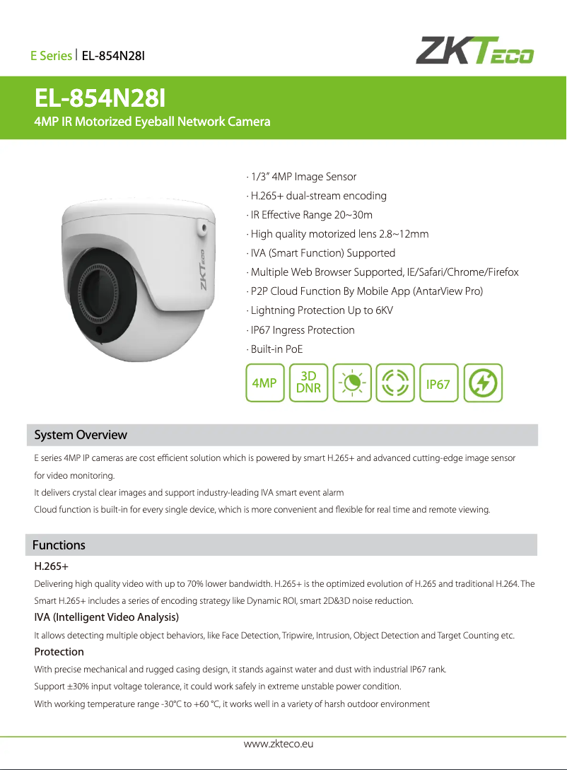 Page 1 de la notice Manuel utilisateur ZKTeco EL-854N28I