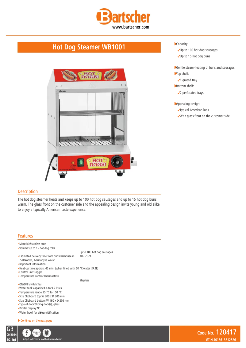 Page 1 de la notice Fiche technique Bartscher WB1001
