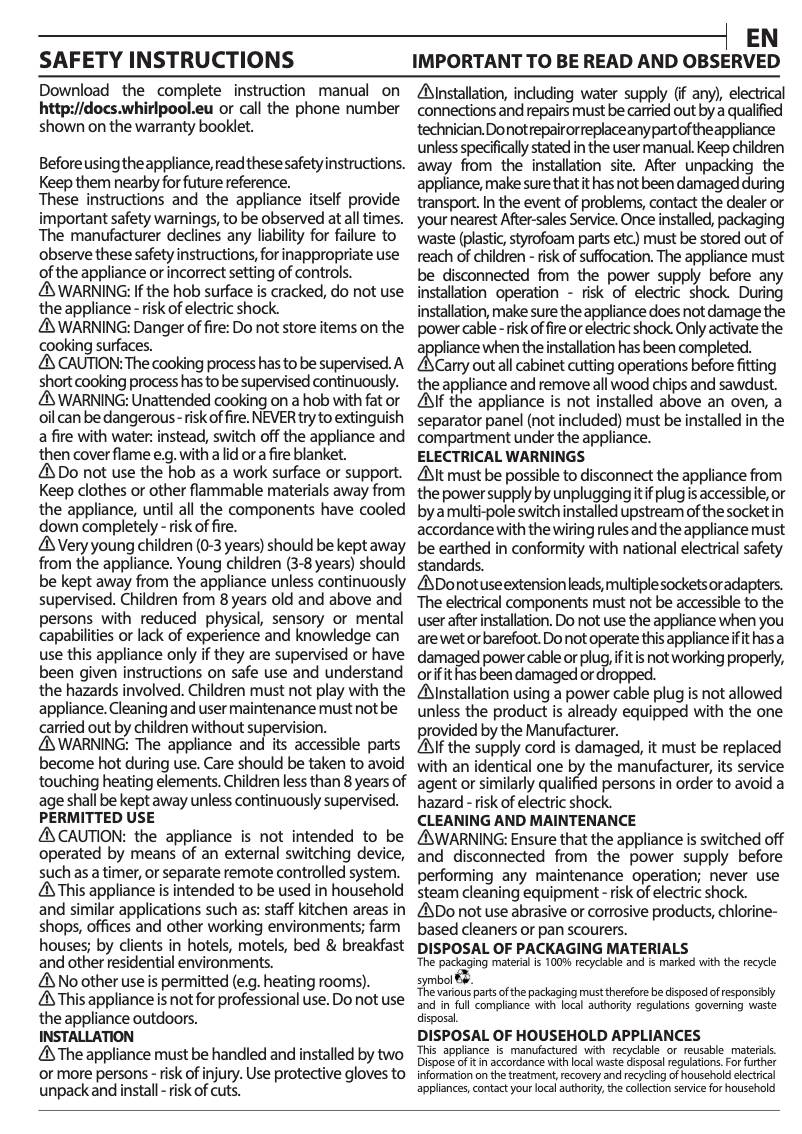 Page 1 de la notice Manuel d'utilisation et d'entretien Whirlpool AKT 8601 IX