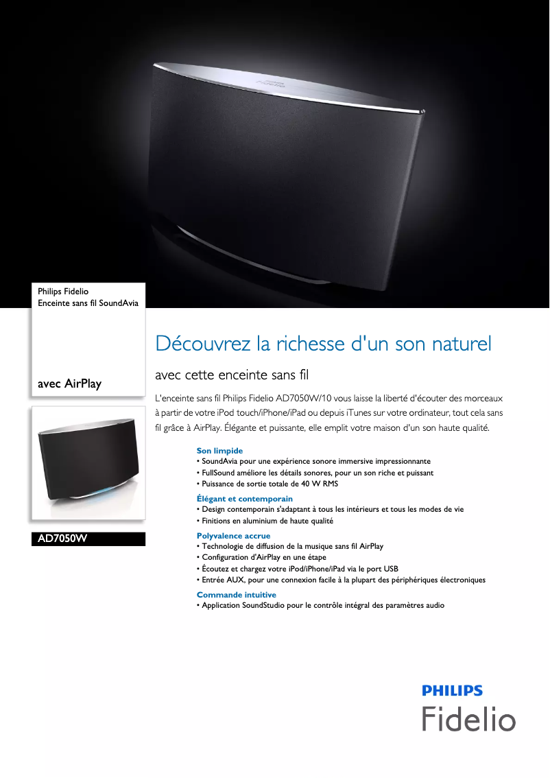 Image de la première page du manuel de l'appareil Fidelio AD7050W