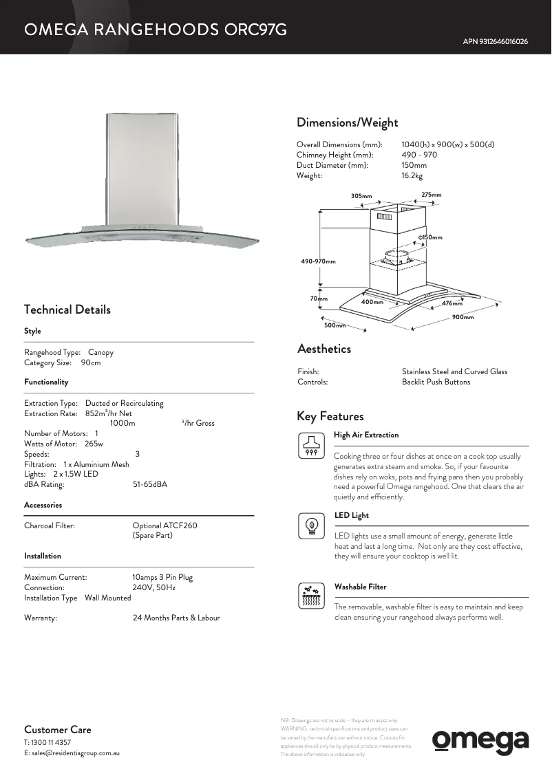 Page 1 de la notice Fiche technique Omega ORC97G