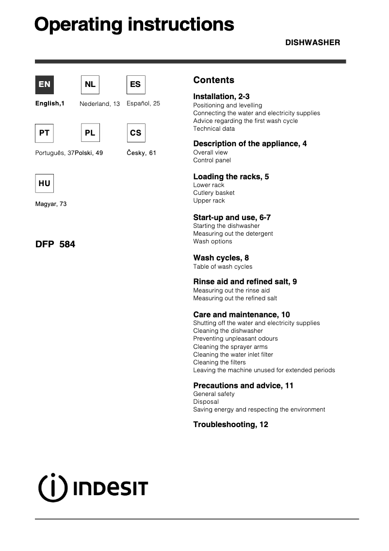 Page n°1 - Manuel utilisateur Indesit DFP 584