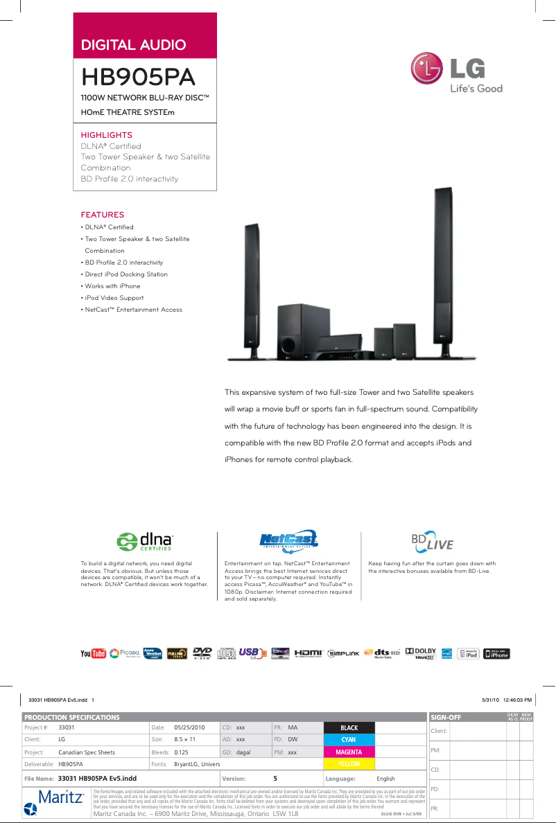 Page 1 de la notice Fiche technique LG HB905PA