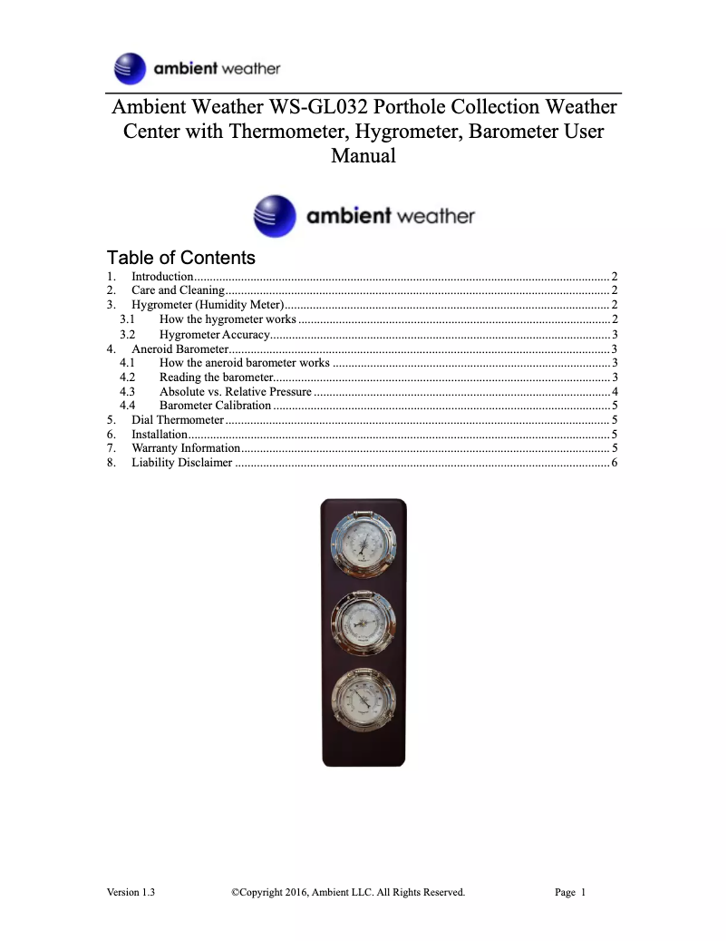 Page n°1 - Manuel utilisateur Ambient Weather WS-GL032