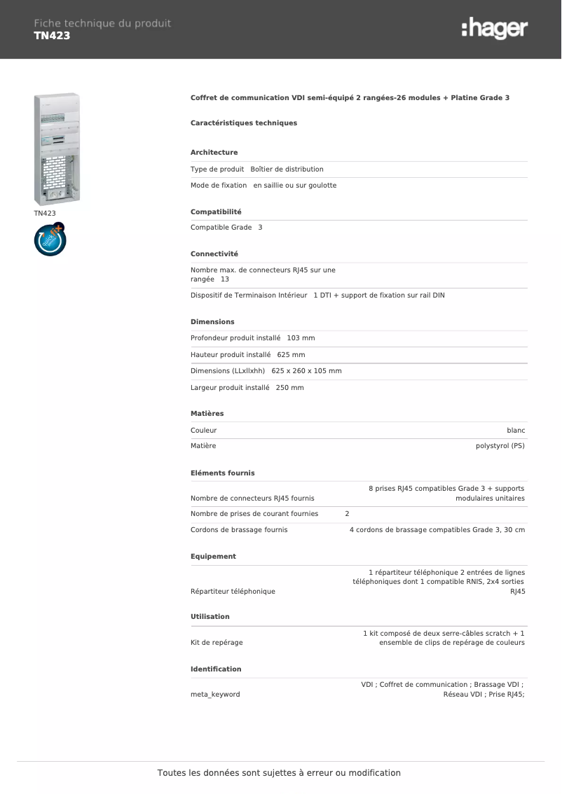 Page n°1 - Fiche technique Hager TN423