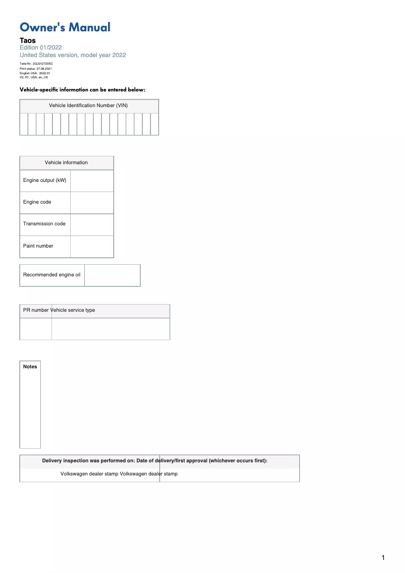 Image de la première page du manuel de l'appareil Taos (2022)