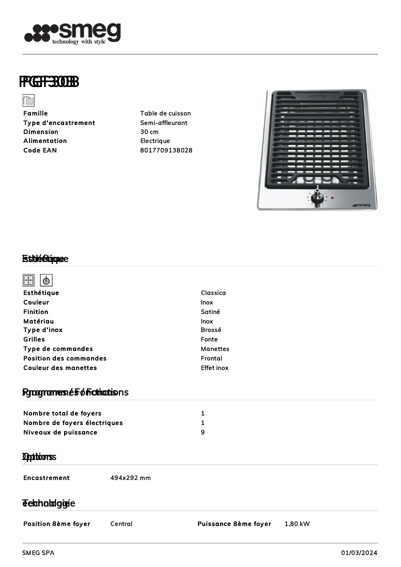 Page 1 de la notice Fiche technique Smeg PGF30B