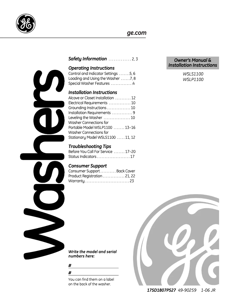 Page n°1 - Manuel d'utilisation et d'entretien GE WSLS1100DWW