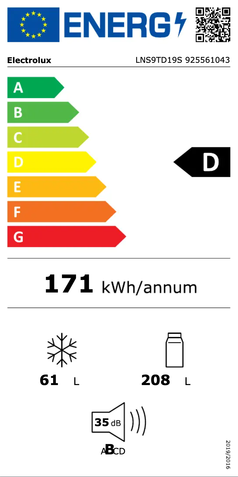 Page n°1 - Label énergétique Electrolux LNS9TD19S