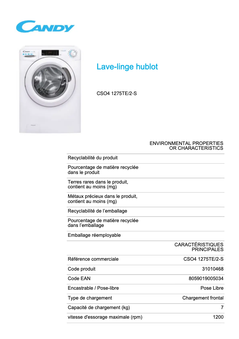 Page 1 de la notice Fiche technique Candy CSO4 1275TE/2-S