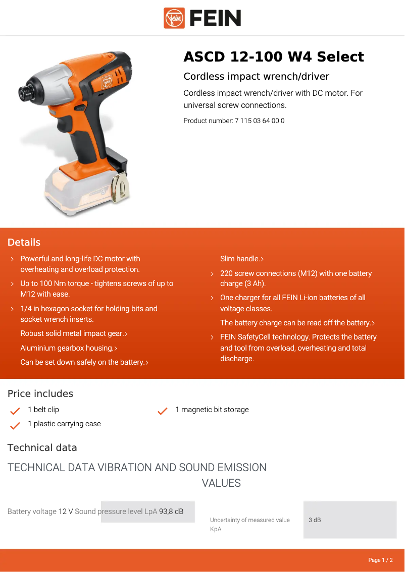 Página 1 del manual Ficha técnica Fein ASCD 12-100 W4 Select