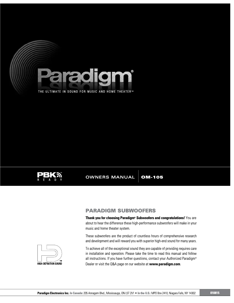 Page 1 de la notice Mode d'emploi Paradigm UltraCube 10