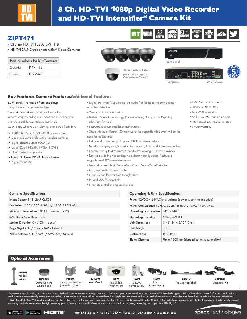 Page 1 de la notice Fiche technique Speco Technologies ZIPT471