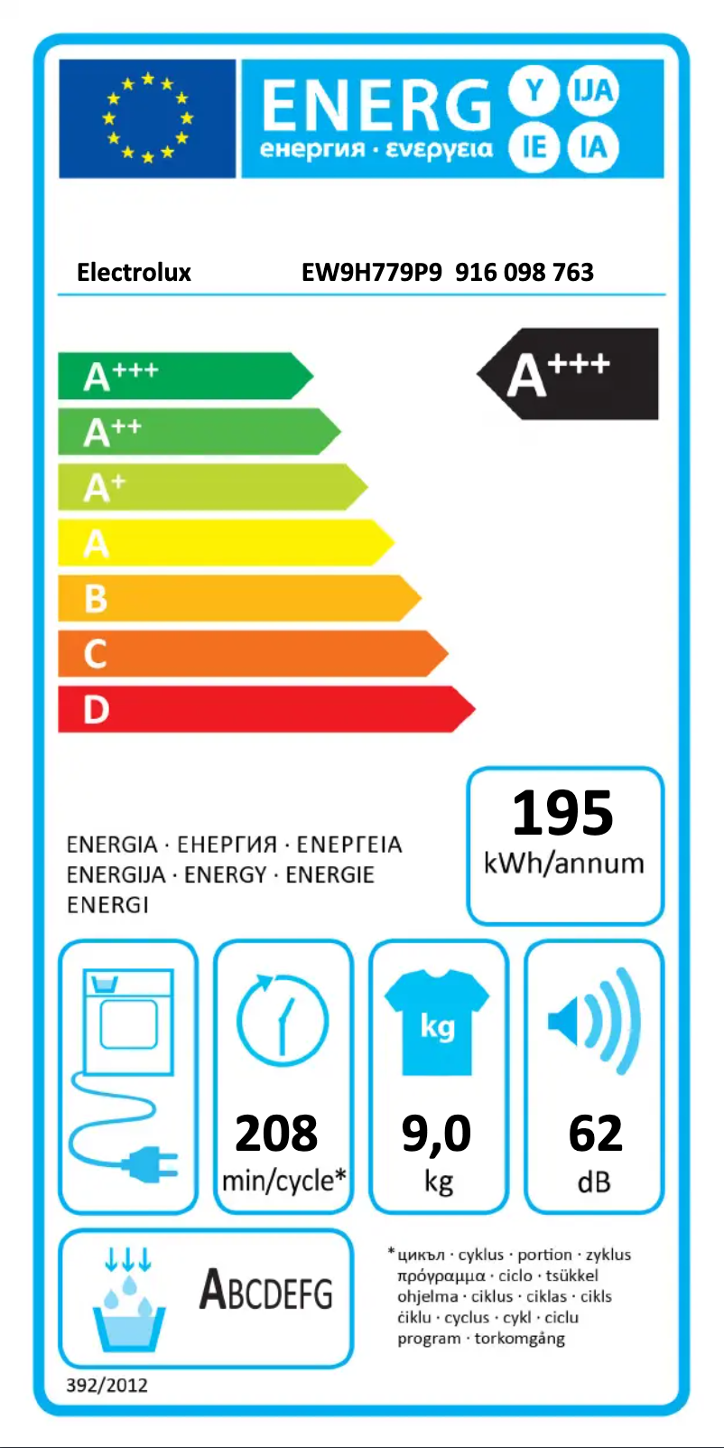 Page n°1 - Label énergétique Electrolux EW9H779P9